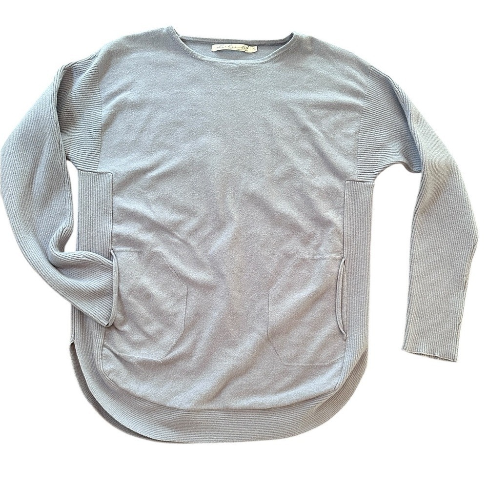 Lulu-B Sweater Women Small Blue‎ Excellent Mixed Ribbed Knit Pockets 5196